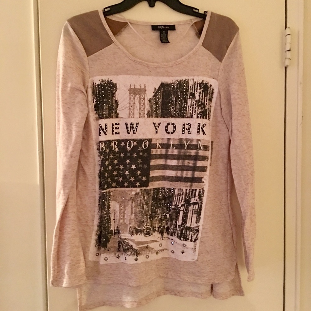 Long sleeve tan shirt with suede shoulders